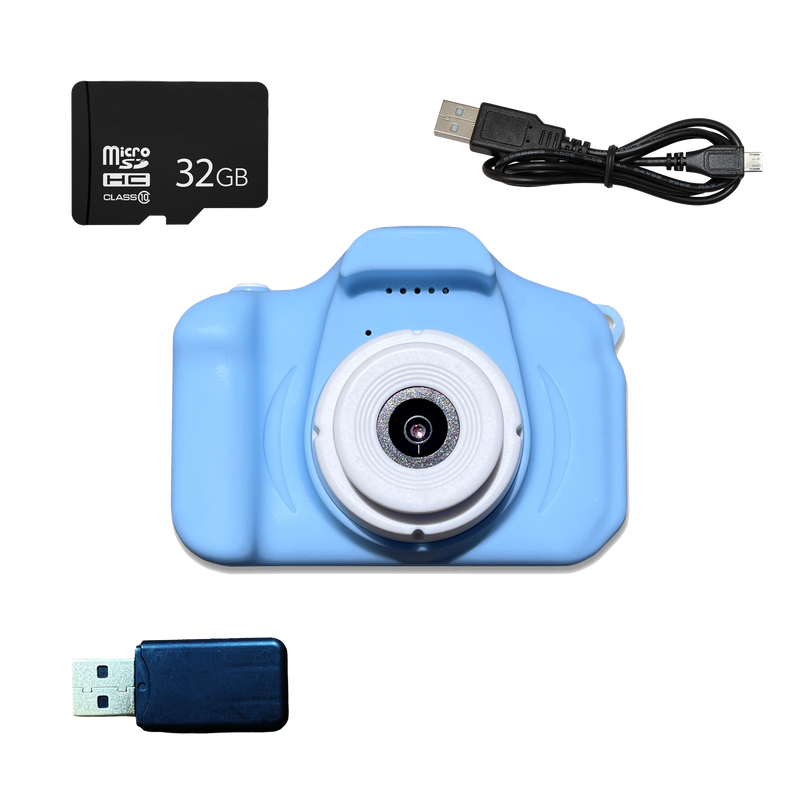 blauwe vintage kamera met accesoires