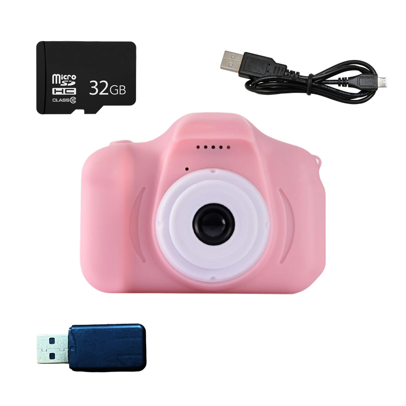 rosa Vintage-Kamera mit Zubehör